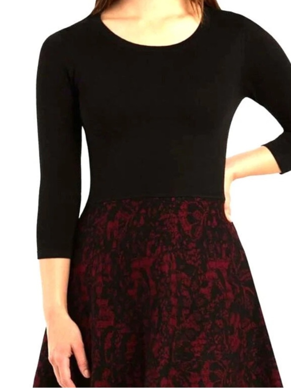 BCX 3/4-Sleeve Lace-Skirt Sweater Dress in black and burgundy Size Junior XS - Picture 2 of 12